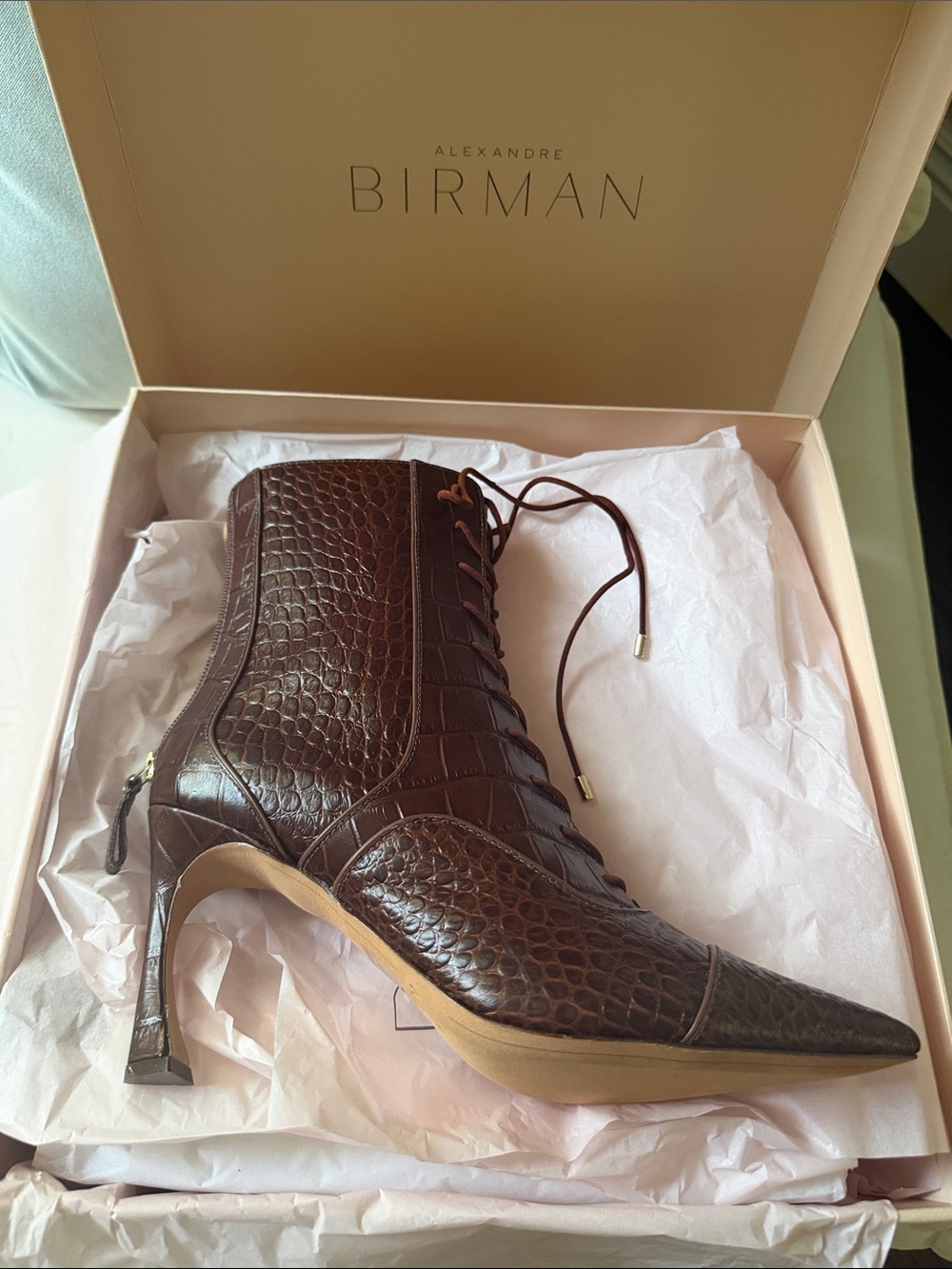 Alexandre Birman Brown Croc-Embossed Lace-Up Pointed Heel Boot